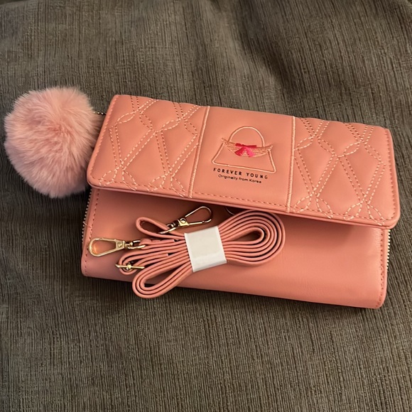 long crossbody wallet with pompom, pink mauve color, - Picture 3 of 3